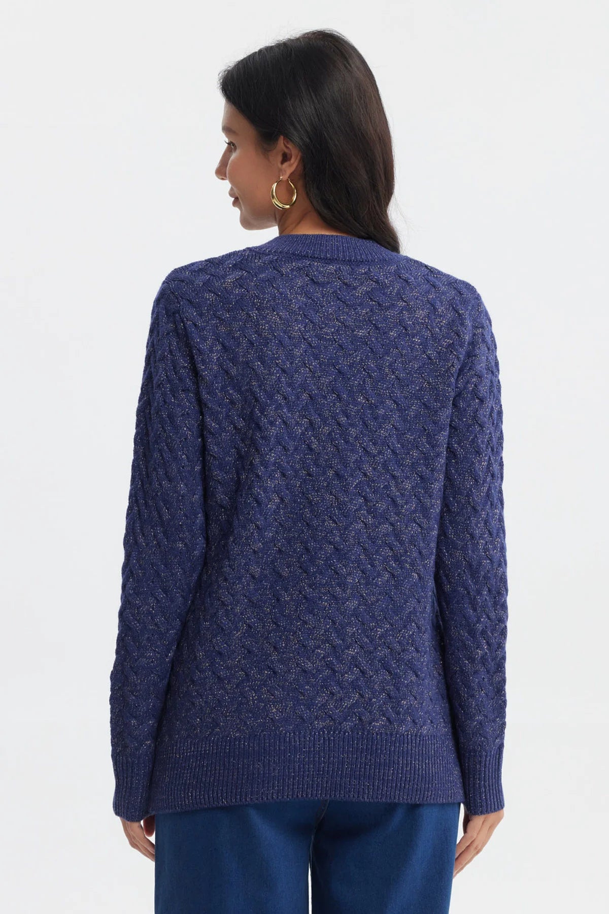 Sweater mujer azul oscuro con diseño calado en patrón de trenzas estilo clásico sin estampa lisa elegante