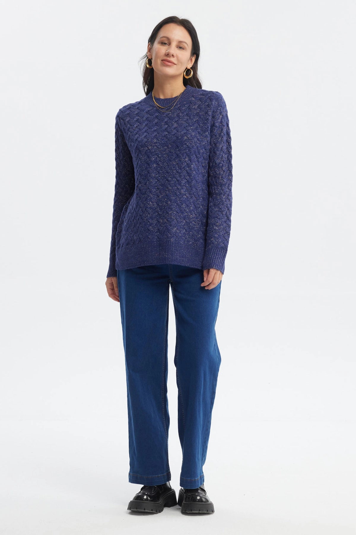 Sweater mujer azul oscuro con diseño calado en patrón de trenzas estilo clásico sin estampa lisa elegante