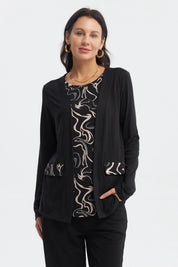 Sweater mujer negro cuello redondo diseño abstracto blanco y negro en la parte delantera estilo casual