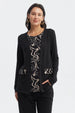 Sweater mujer negro cuello redondo diseño abstracto blanco y negro en la parte delantera estilo casual
