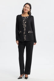 Sweater mujer negro cuello redondo diseño abstracto blanco y negro en la parte delantera estilo casual