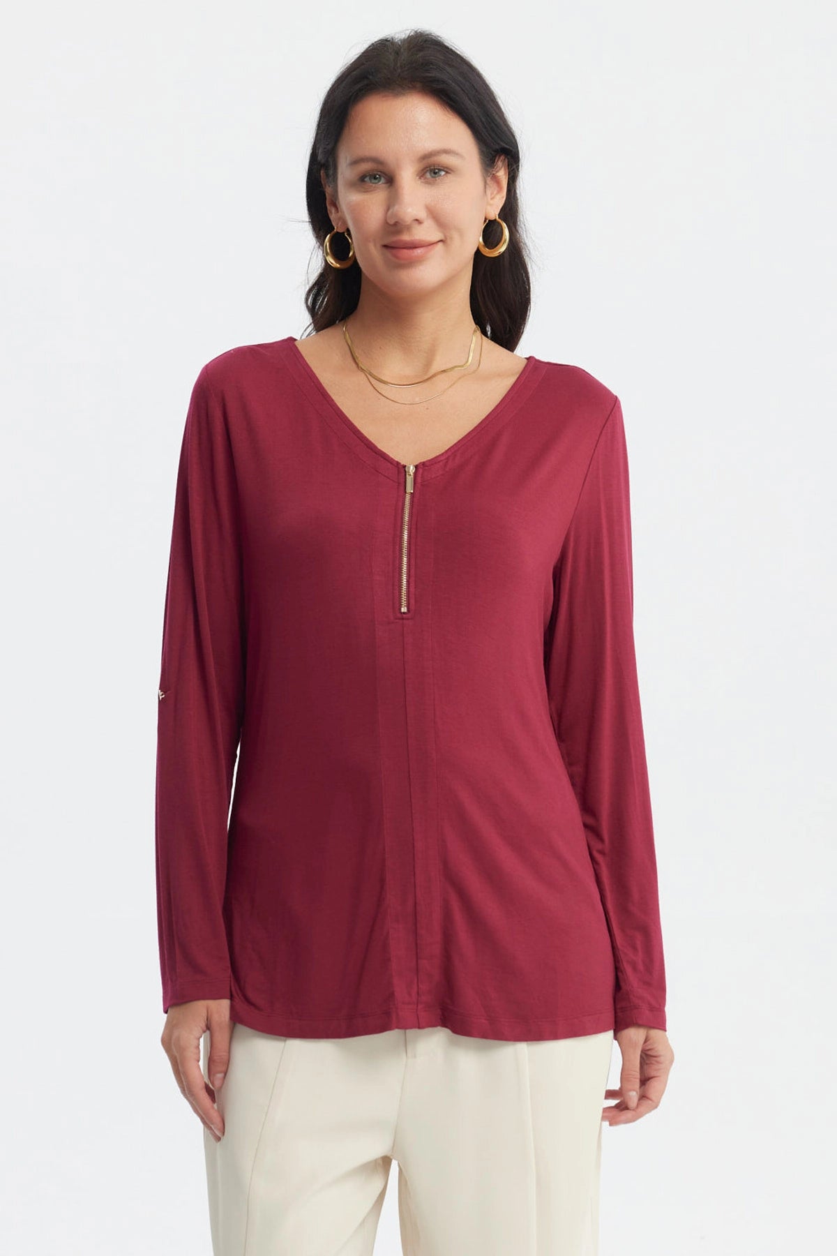 Polera roja mujer con cierre central media pata lisa de manga larga estilo casual