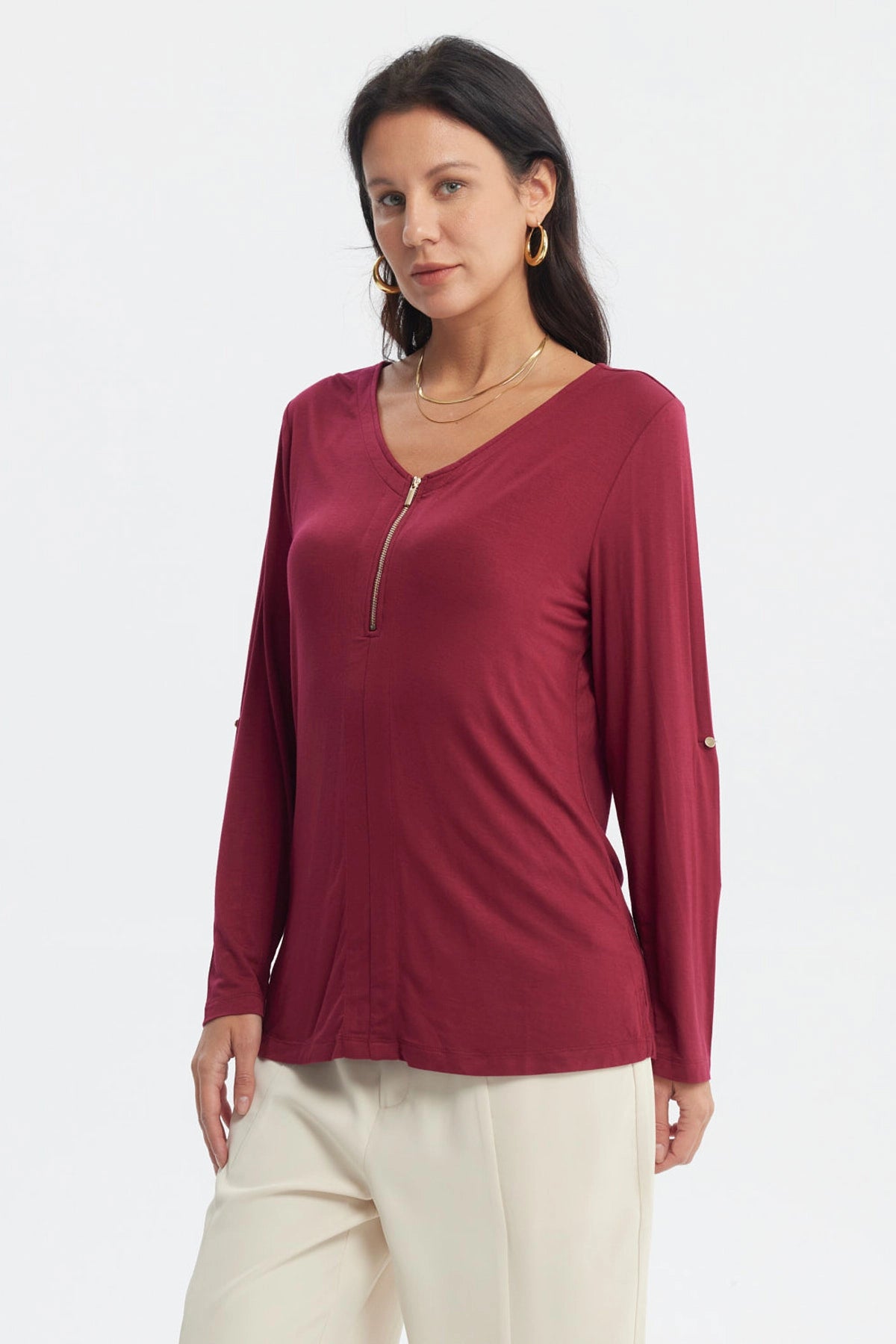 Polera roja mujer con cierre central media pata lisa de manga larga estilo casual
