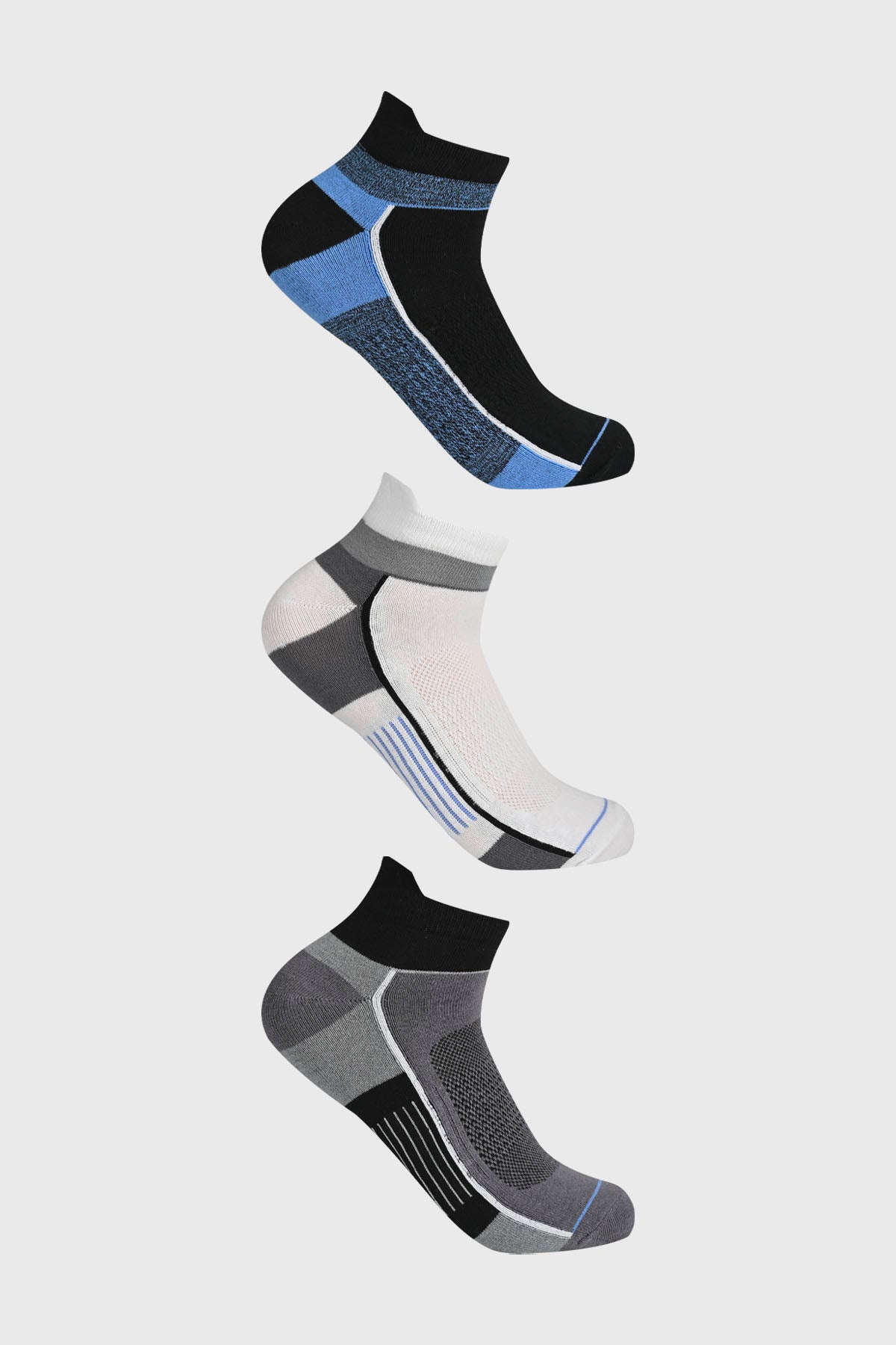 Calcetas deportivas hombre tripack gris con diseño moderno y detalles en azul y negro