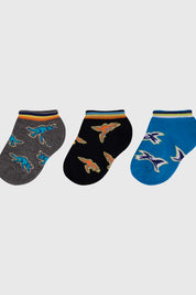 Calceta deportiva niño tripack azul con estampado de dinosaurios y colores vibrantes