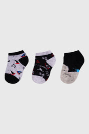 Calceta deportiva niño tripack gris con diseños variados y detalles en negro y azul