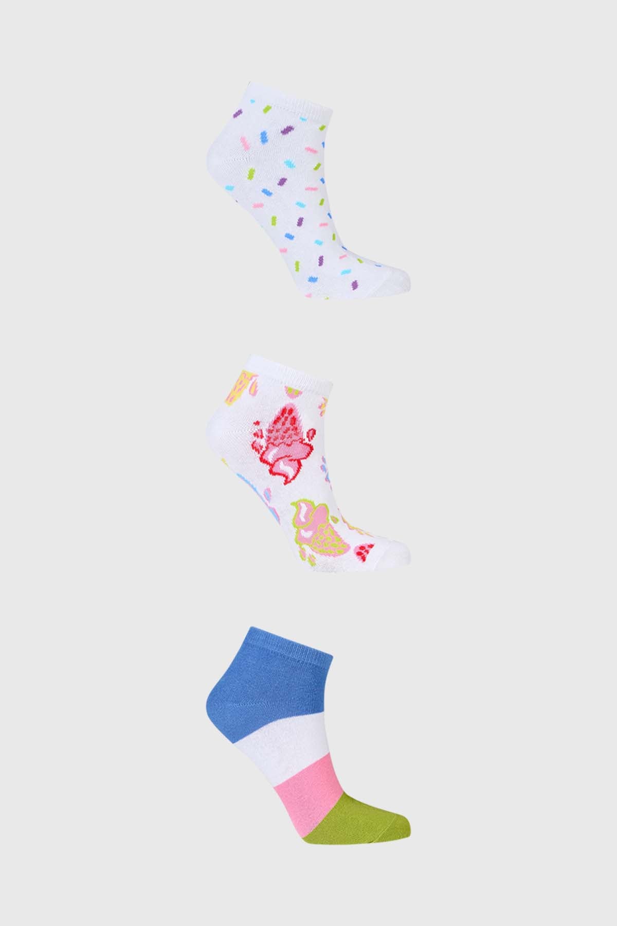 Calceta Deportiva Mujer Tripack Blanco con estampados coloridos
