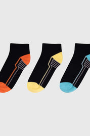 Calceta deportiva niño tripack en colores negro con puntas rosado, amarillo y azul