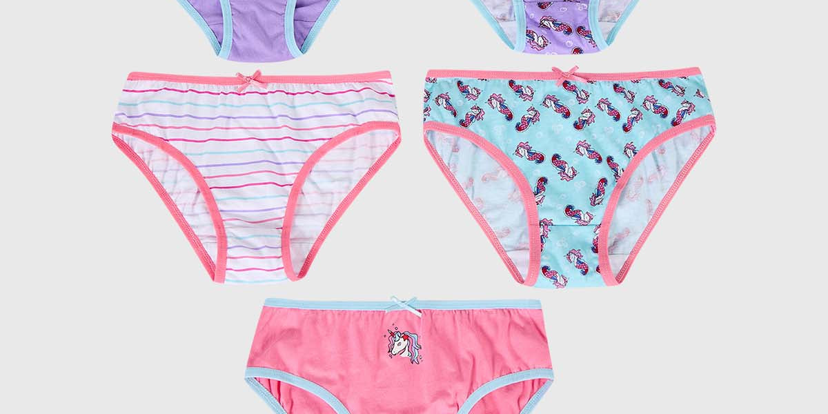 Pack de 5 calzones para niña color rosado con estampado de unicornio y rayas coloridas