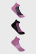 Calceta deportiva mujer tripack lila con diseño de rayas en tonos morados y negros