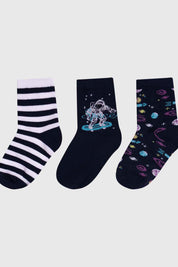 Tripack de calcetines niño azul marino con rayas y estampados espaciales