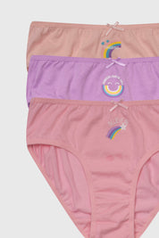 Calzón niña tripack en lila y rosa con estampados de arcoíris y detalles de lazos