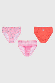 Calzón niña tripack palo rosa con diseños variados de rayas y dibujos animados