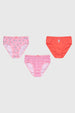 Calzón niña tripack palo rosa con diseños variados de rayas y dibujos animados