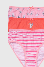 Calzón niña tripack palo rosa con diseños variados de rayas y dibujos animados