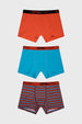 Conjunto de boxers para niño en naranjo liso y azul con patrón zigzag en azul y rojo