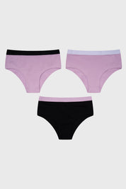 Pantaleta tripack palo rosa para niña con detalles de cintura elástica en negro y blanco