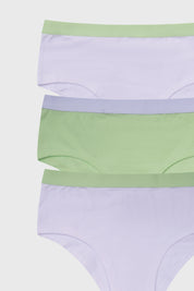 Pantaleta tripack para niña en verde claro y blanco con cinturas en tonos pastel