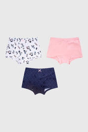 Calzón niña tripack azul marino con mariposas y puntos en pretina y diseño liso rosa con lazo pequeño