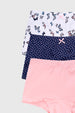 Calzón niña tripack azul marino con mariposas y puntos en pretina y diseño liso rosa con lazo pequeño