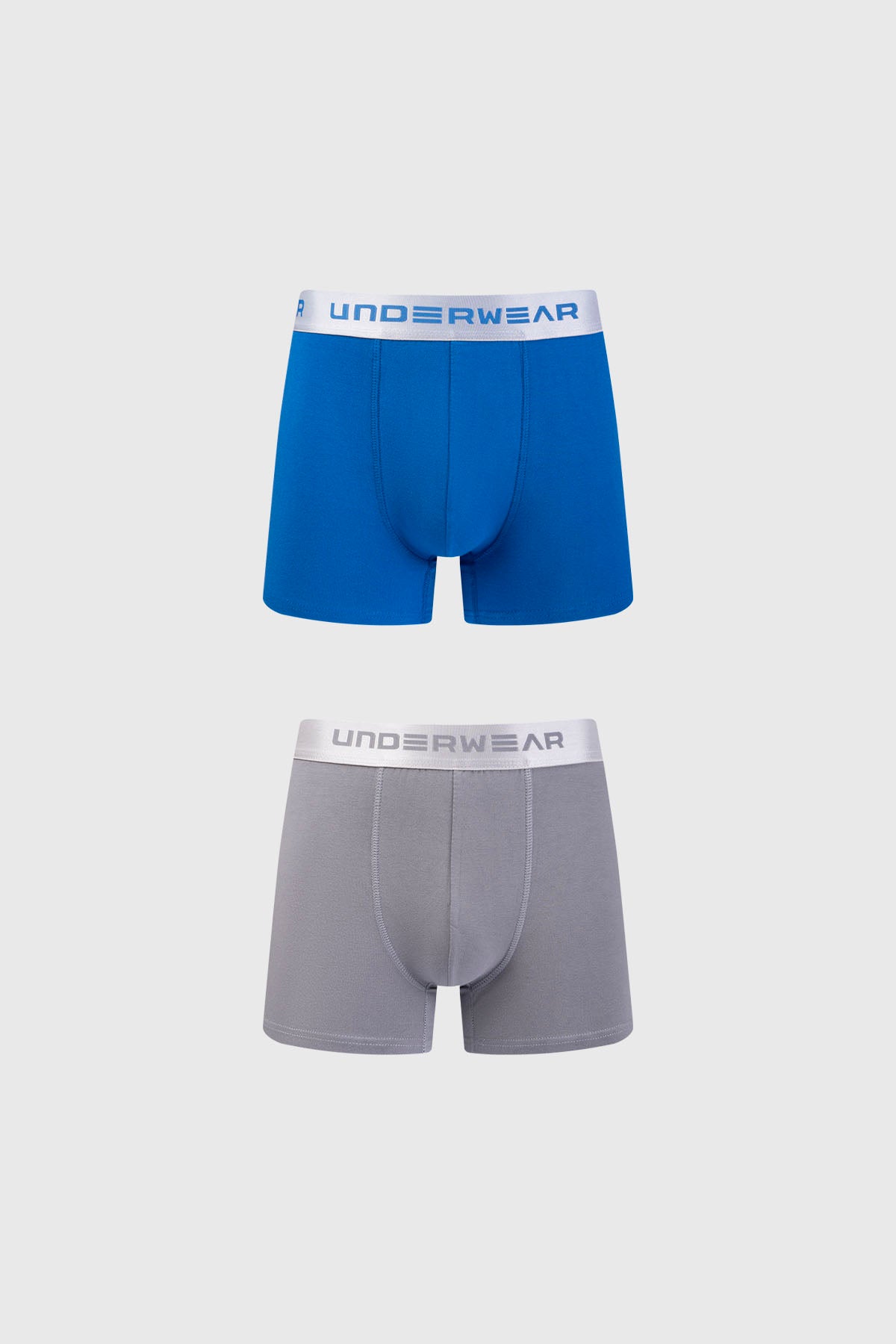 Boxer hombre bipack en gris y azul con cintura elástica blanca con texto UNDERWEAR