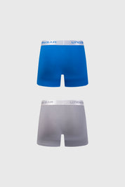 Boxer hombre bipack en gris y azul con cintura elástica blanca con texto UNDERWEAR