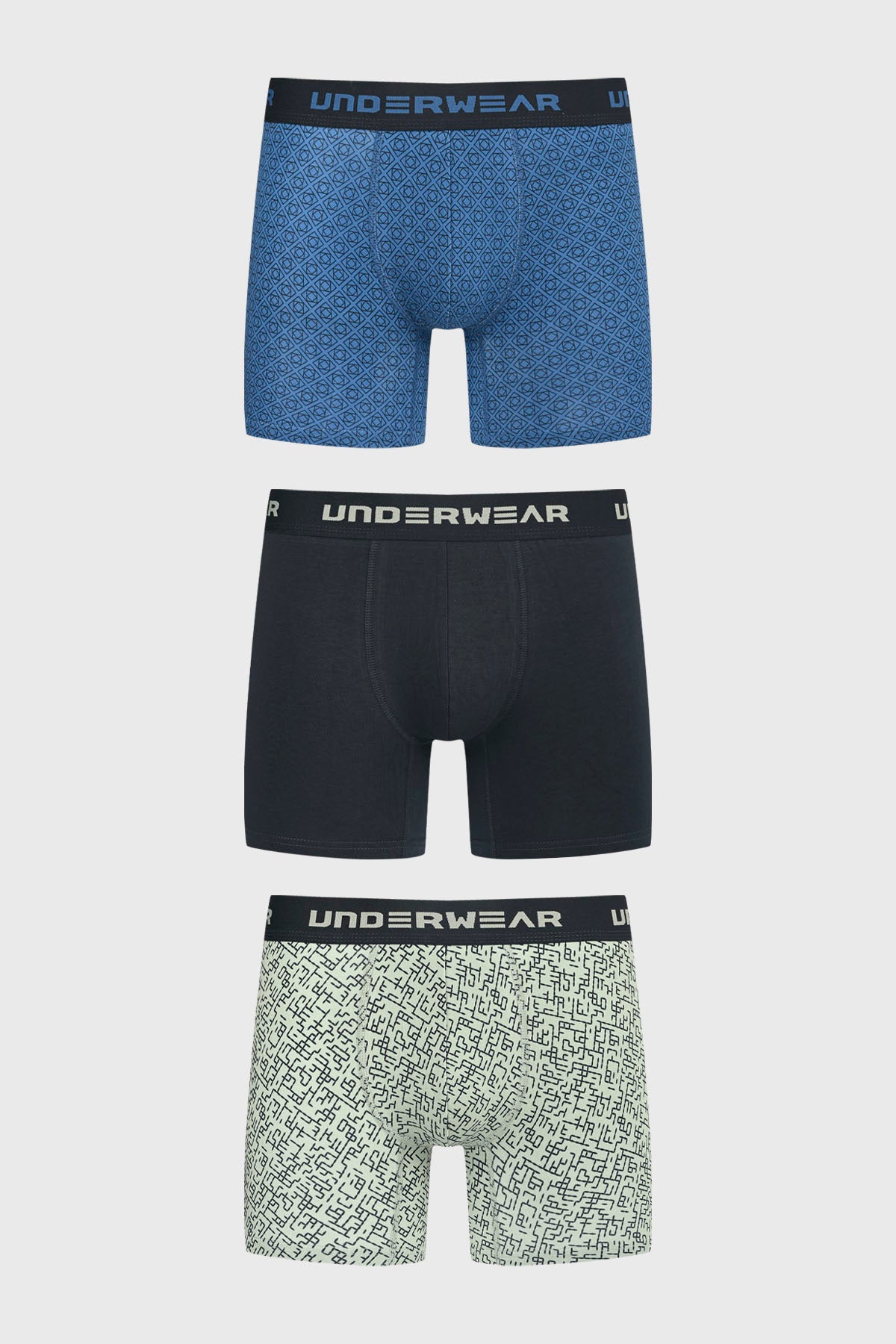 Tripack de boxers largos para hombre en azul marino con diseño gráfico geométrico y cintura con texto UNDERWEAR