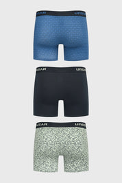 Tripack de boxers largos para hombre en azul marino con diseño gráfico geométrico y cintura con texto UNDERWEAR