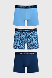 Boxer hombre tripack azul con diseño liso y hojas tropicales en estampado gráfico mediano al centro