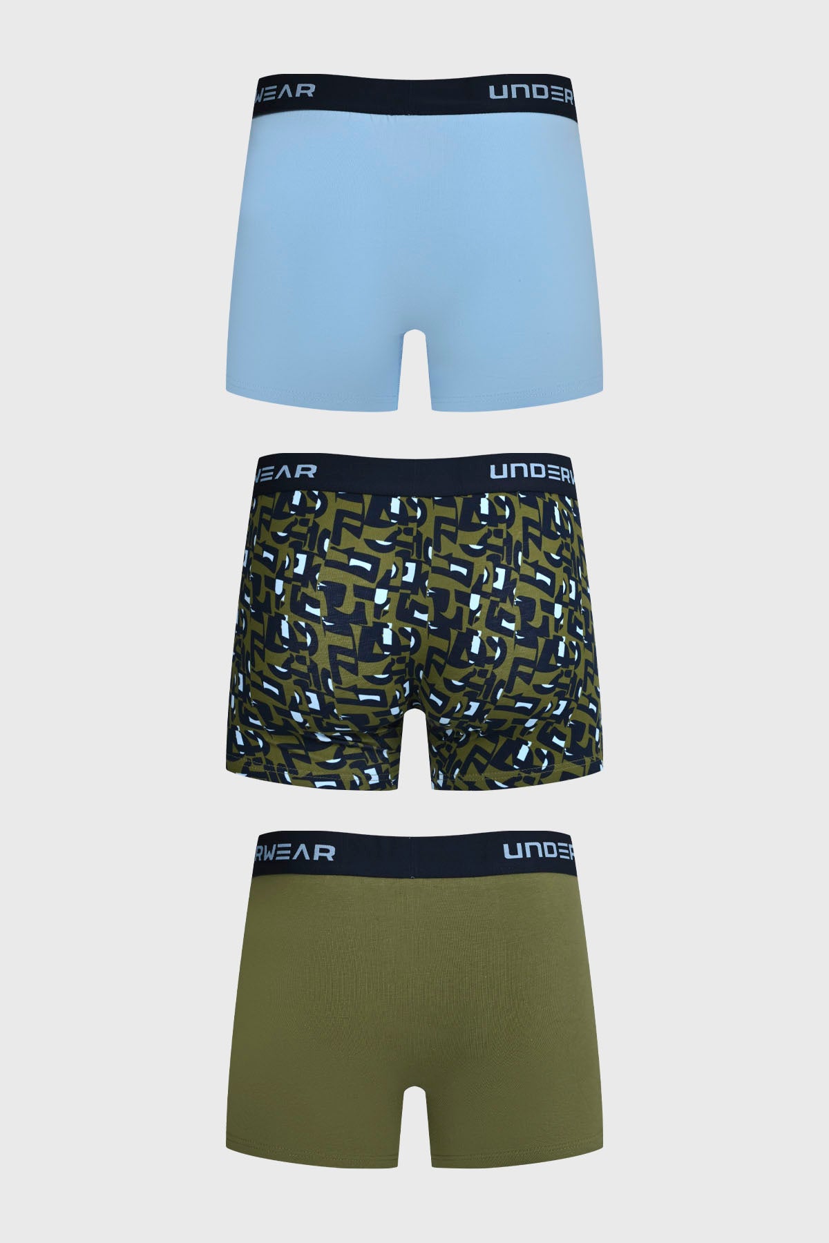 Boxer hombre tripack verde incluye uno liso azul claro uno estampado geométrico y uno liso verde todos con cinturilla negra