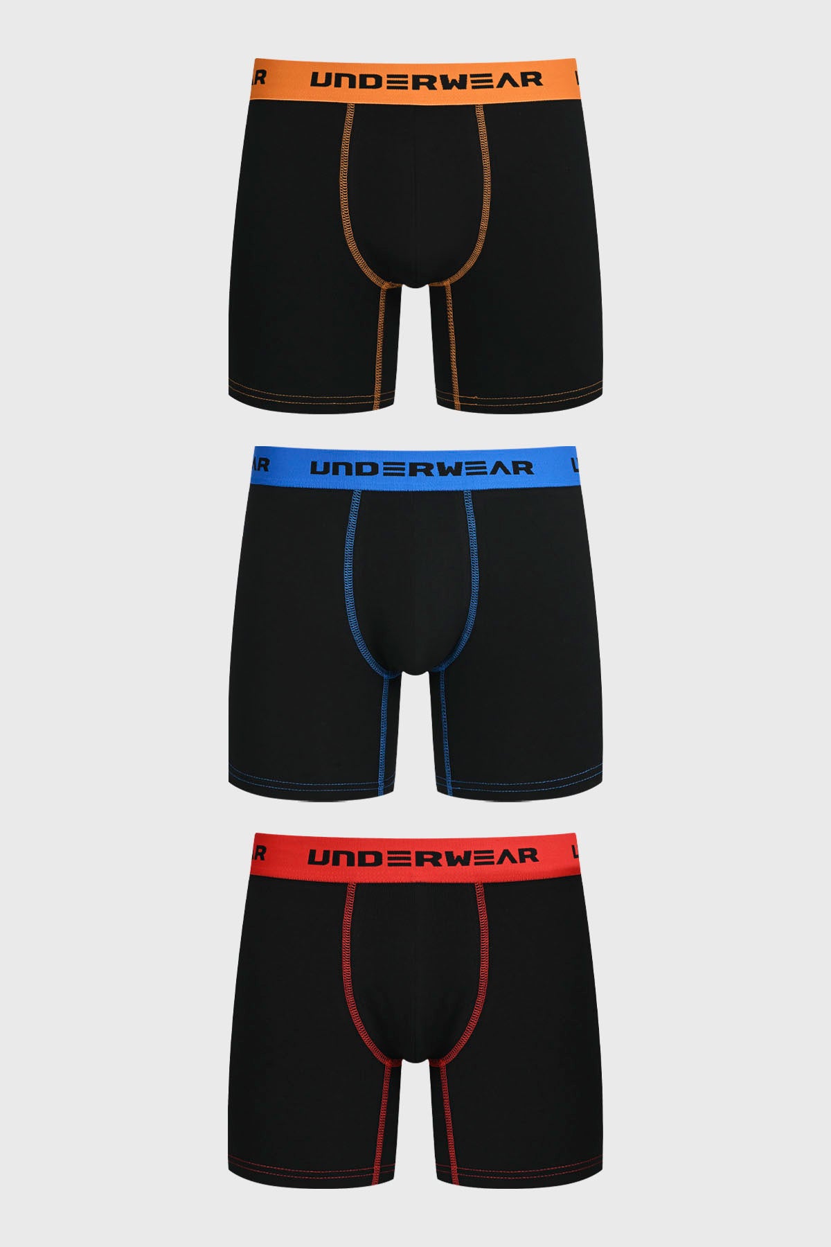 Boxer hombre negro con cinturillas en naranja azul y rojo con texto UNDERWEAR en la pretina de cada uno