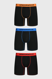 Boxer hombre negro con cinturillas en naranja azul y rojo con texto UNDERWEAR en la pretina de cada uno