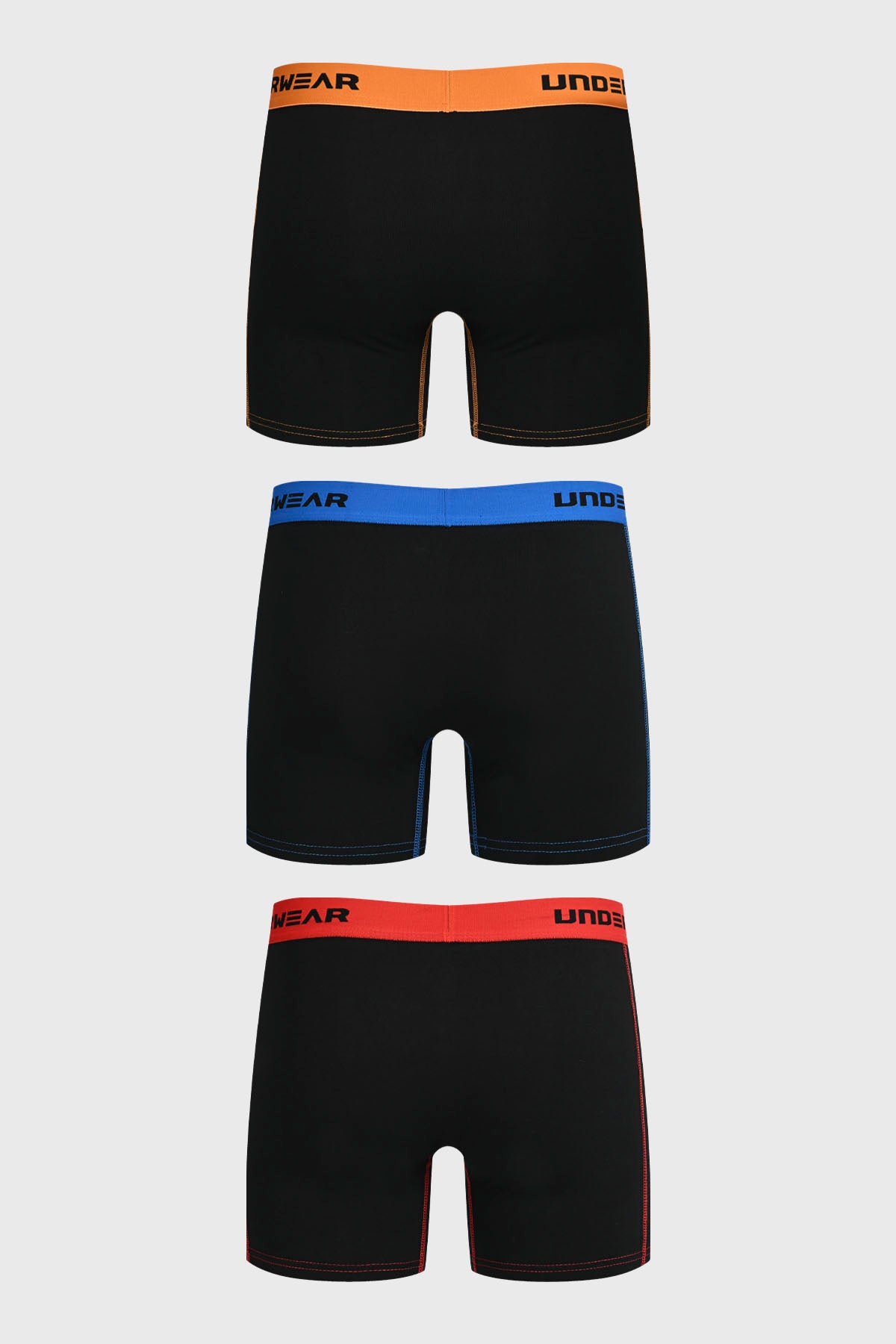 Boxer hombre negro con cinturillas en naranja azul y rojo con texto UNDERWEAR en la pretina de cada uno