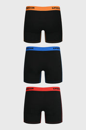 Boxer hombre negro con cinturillas en naranja azul y rojo con texto UNDERWEAR en la pretina de cada uno