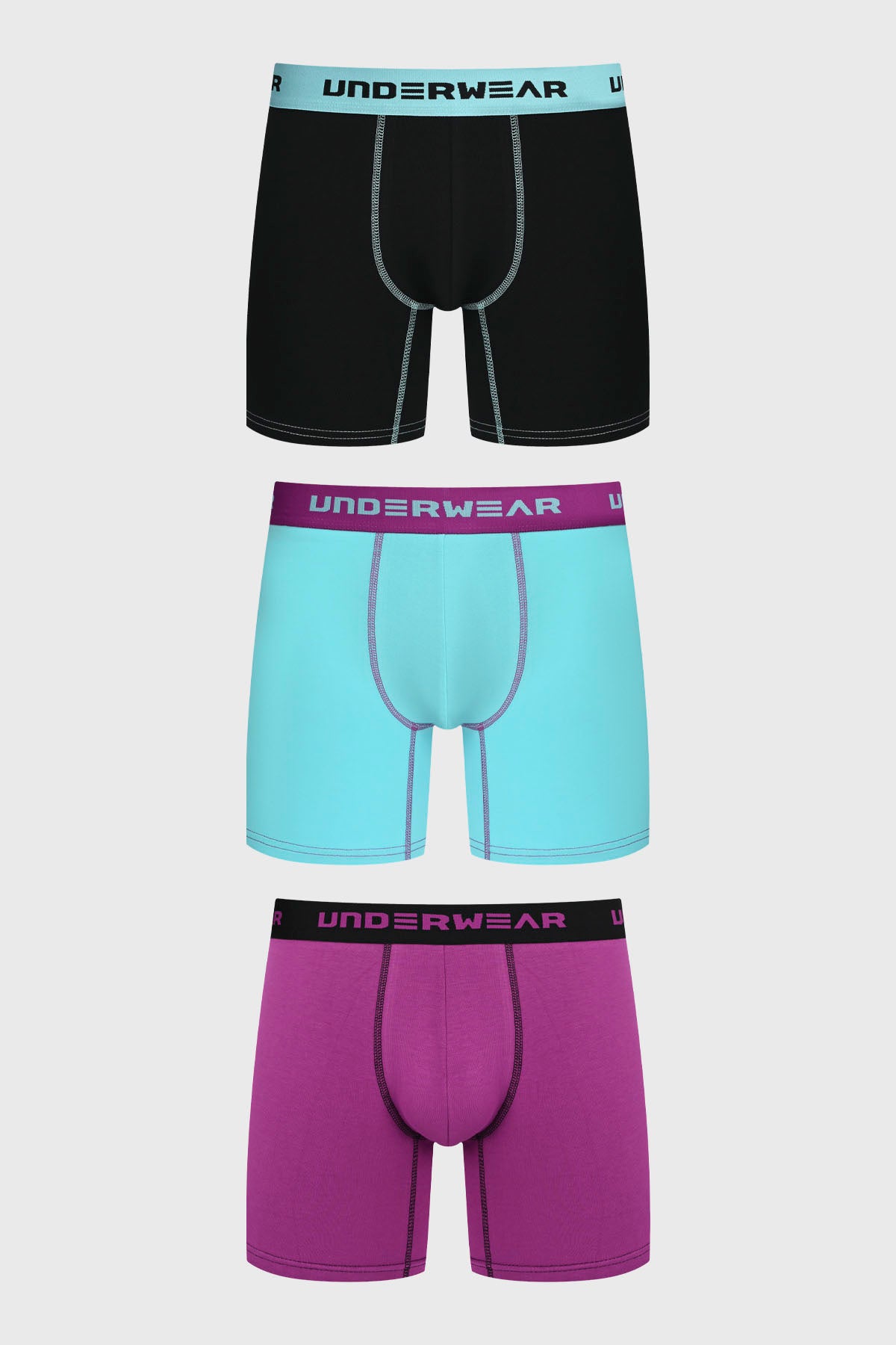 Boxer hombre tripack medio violeta incluye tres diseños lisos en colores negro celeste y violeta con cintura elástica estampada
