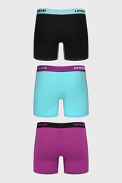 Boxer hombre tripack medio violeta incluye tres diseños lisos en colores negro celeste y violeta con cintura elástica estampada