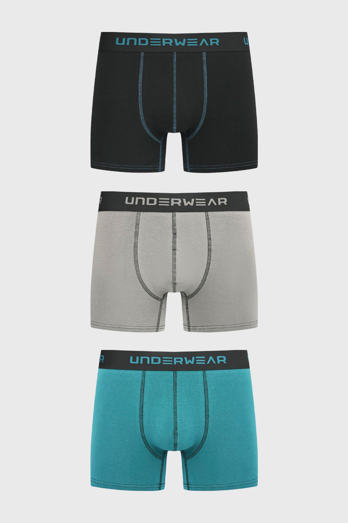 Pack de boxers para hombre en negro gris y verde con cintura elástica y logo UNDERWEAR estampado en la parte superior