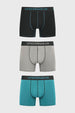 Pack de boxers para hombre en negro gris y verde con cintura elástica y logo UNDERWEAR estampado en la parte superior