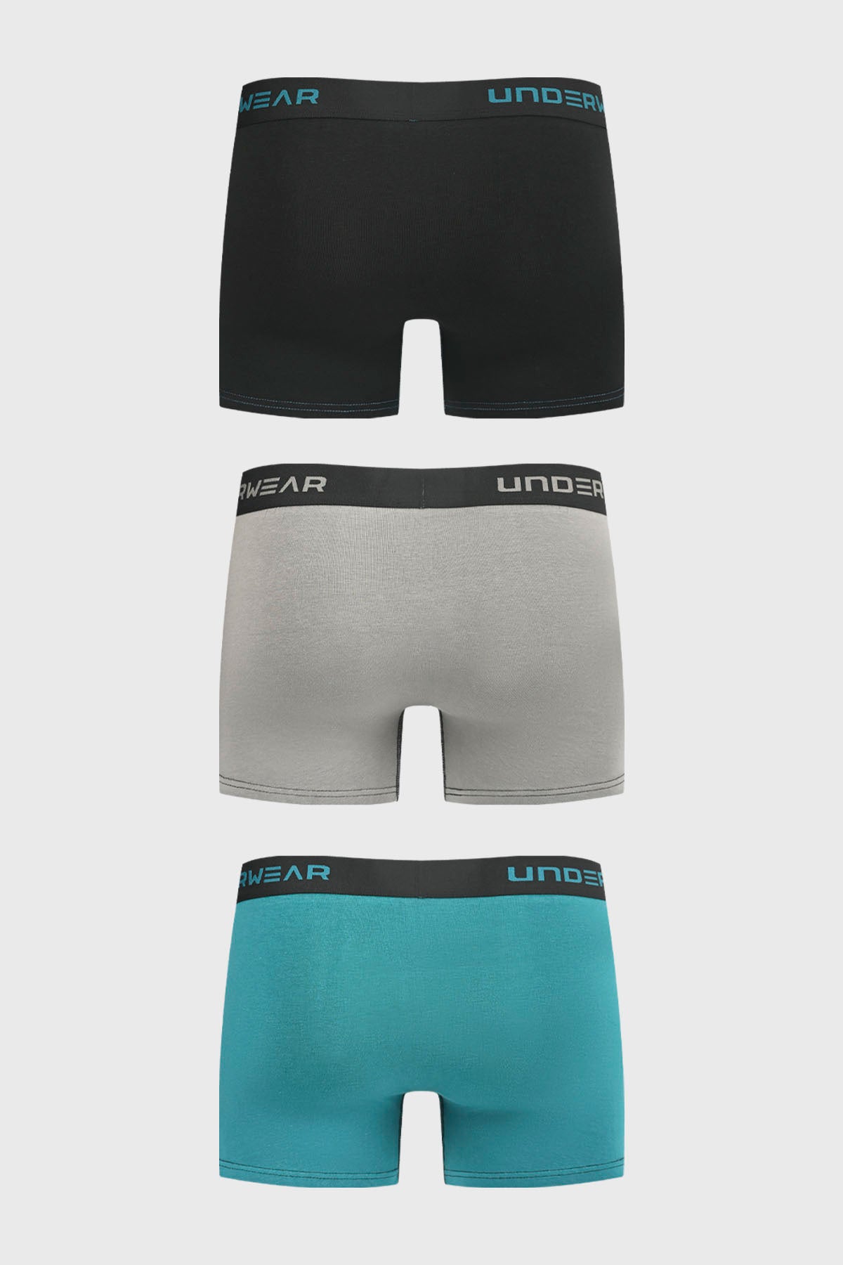 Pack de boxers para hombre en negro gris y verde con cintura elástica y logo UNDERWEAR estampado en la parte superior