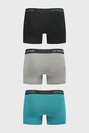 Pack de boxers para hombre en negro gris y verde con cintura elástica y logo UNDERWEAR estampado en la parte superior