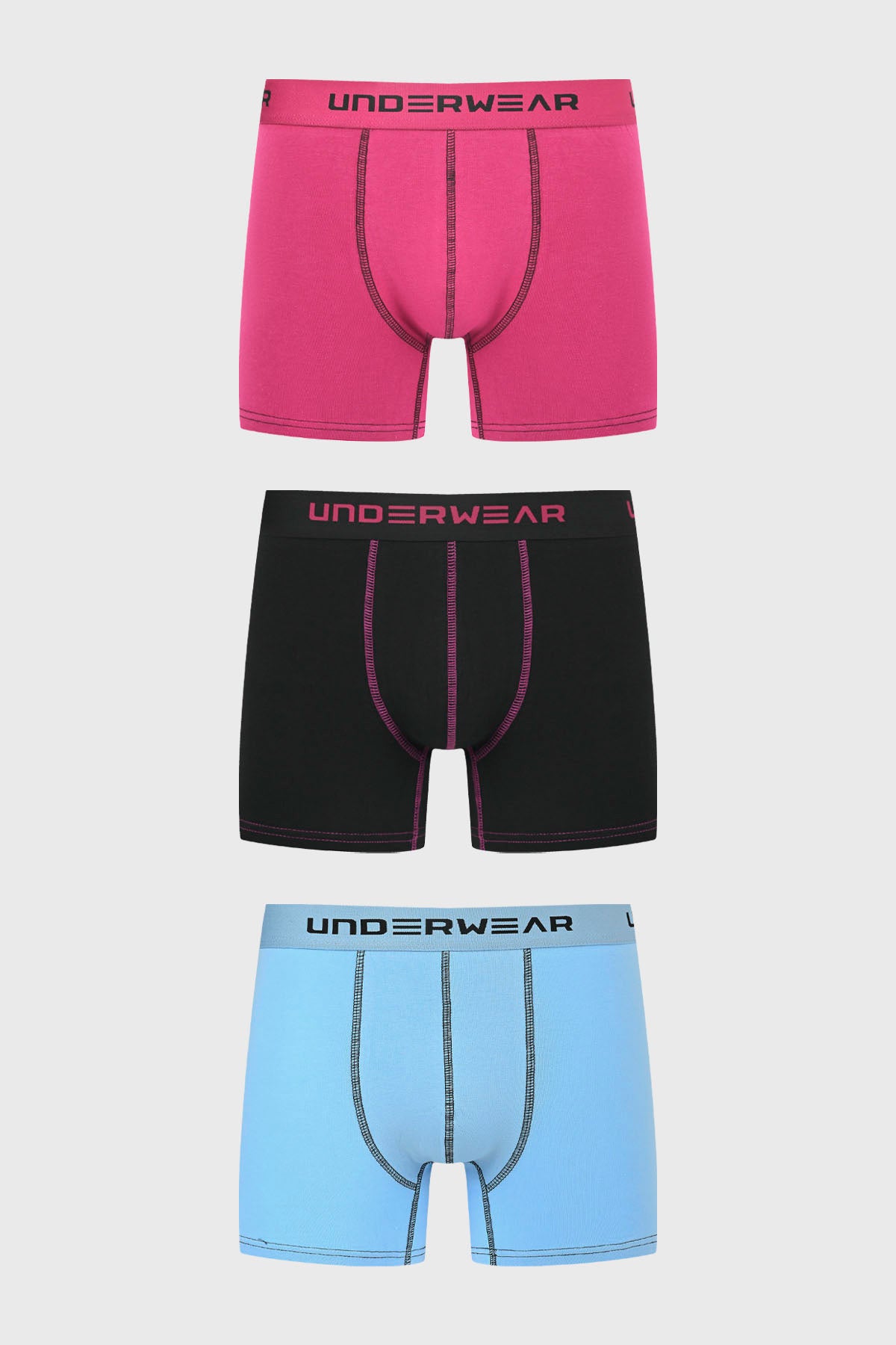 Boxer hombre triapack en violeta negro y azul claro con elástico visible texto UNDERWEAR estampado en la pretina