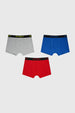 Boxer niño tripack azul gris y rojo con pretina negra y texto Street en diferentes colores diseño liso cómodo y moderno