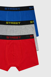 Boxer niño tripack azul gris y rojo con pretina negra y texto Street en diferentes colores diseño liso cómodo y moderno