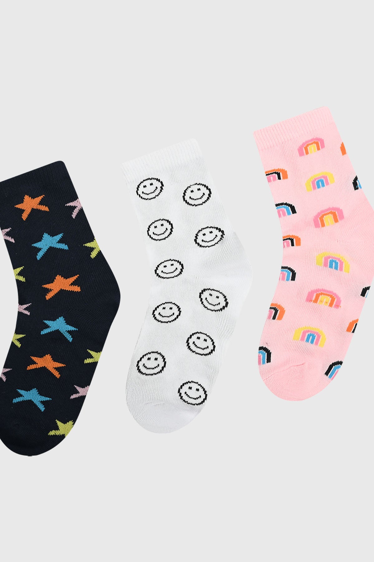 Tripack de calcetines para niña con diseños de estrellas en azul marino caritas felices y arcoíris coloridos