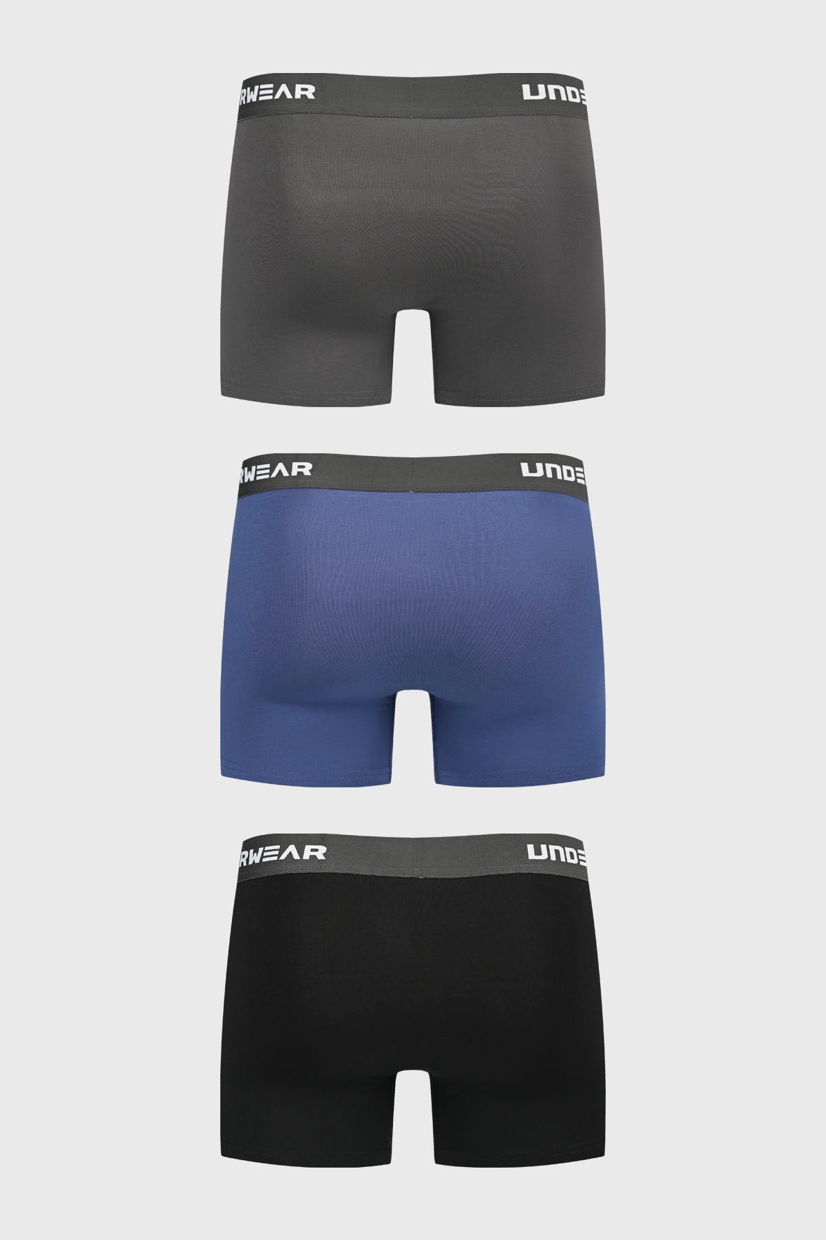 Pack de tres boxers de hombre en azul negro y gris con cinturilla elástica negra y logo blanco sin estampado