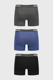 Pack de tres boxers de hombre en azul negro y gris con cinturilla elástica negra y logo blanco sin estampado