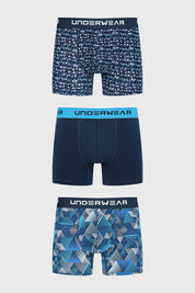 Tripack de boxers para hombre en azul marino con estampado geométrico y cinturilla con texto UNDERWEAR en la parte superior