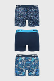 Tripack de boxers para hombre en azul marino con estampado geométrico y cinturilla con texto UNDERWEAR en la parte superior