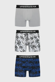 Pack de tres bóxers para hombre con diseño liso gris en el primero estampado de palmeras en el segundo y floral azul en el tercero