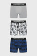 Pack de tres bóxers para hombre con diseño liso gris en el primero estampado de palmeras en el segundo y floral azul en el tercero